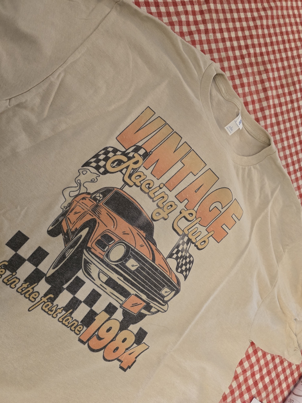 Jerzees Beige Vintage Racing Club 1984 Graphic Tee with Orange Car